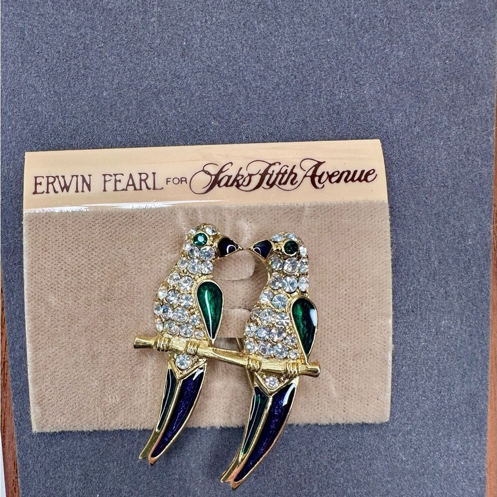 Vtg Erwin Pearl Parrot Brooch for Saks Fifth Ave Rhinestone Enamel Lovebirds Pin - Picture 2 of 8